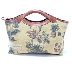 Tommy Bahama Tapestry palm tree printed clutch purse w/leather handles & trim